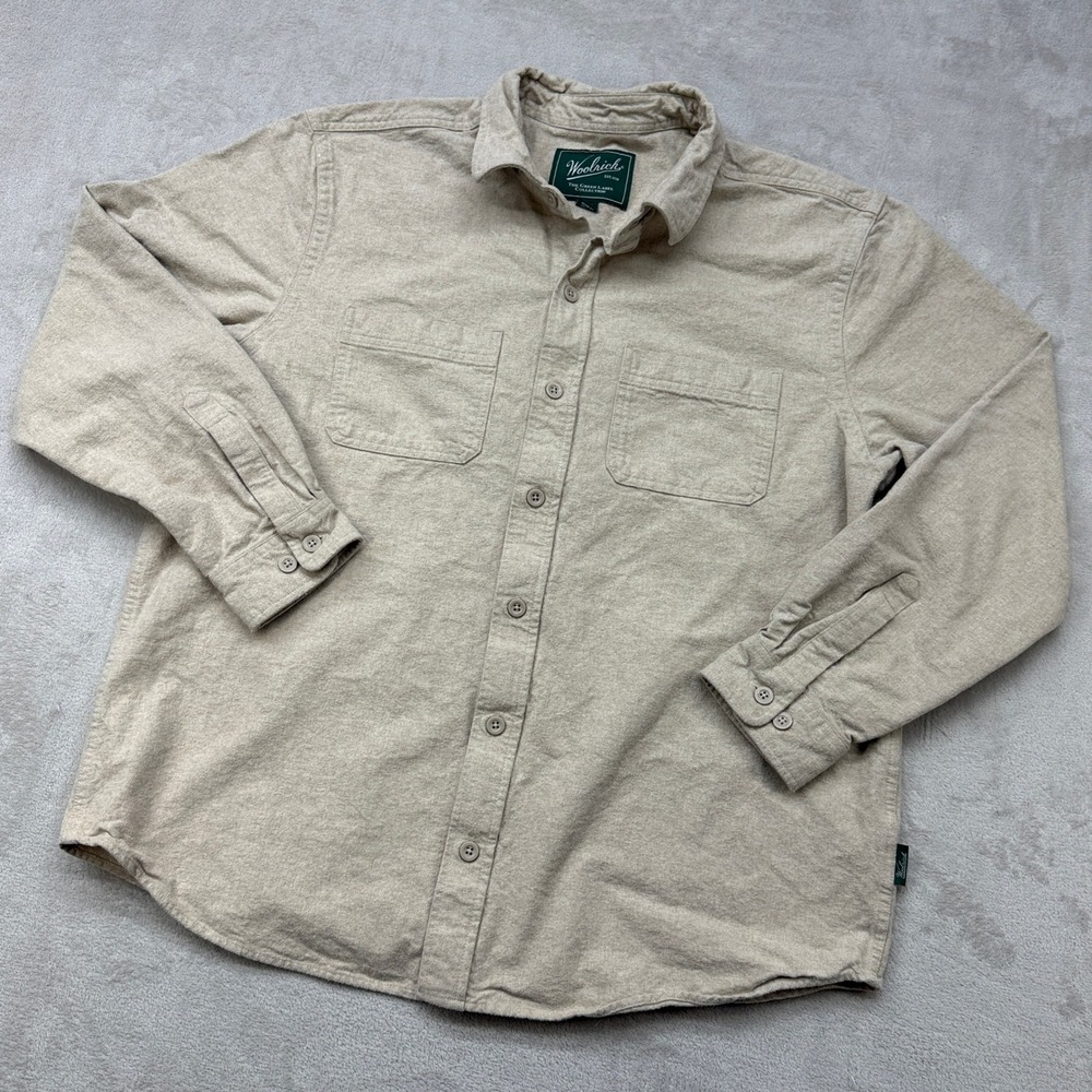 Woolrich Button Down Shirt Mens XL Tan Green Label Chamois Long Sleeve Pocket